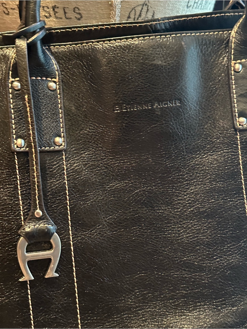 Etienne Aigner Black Leather Tote with Contrast Stitching - Picture 3 of 13